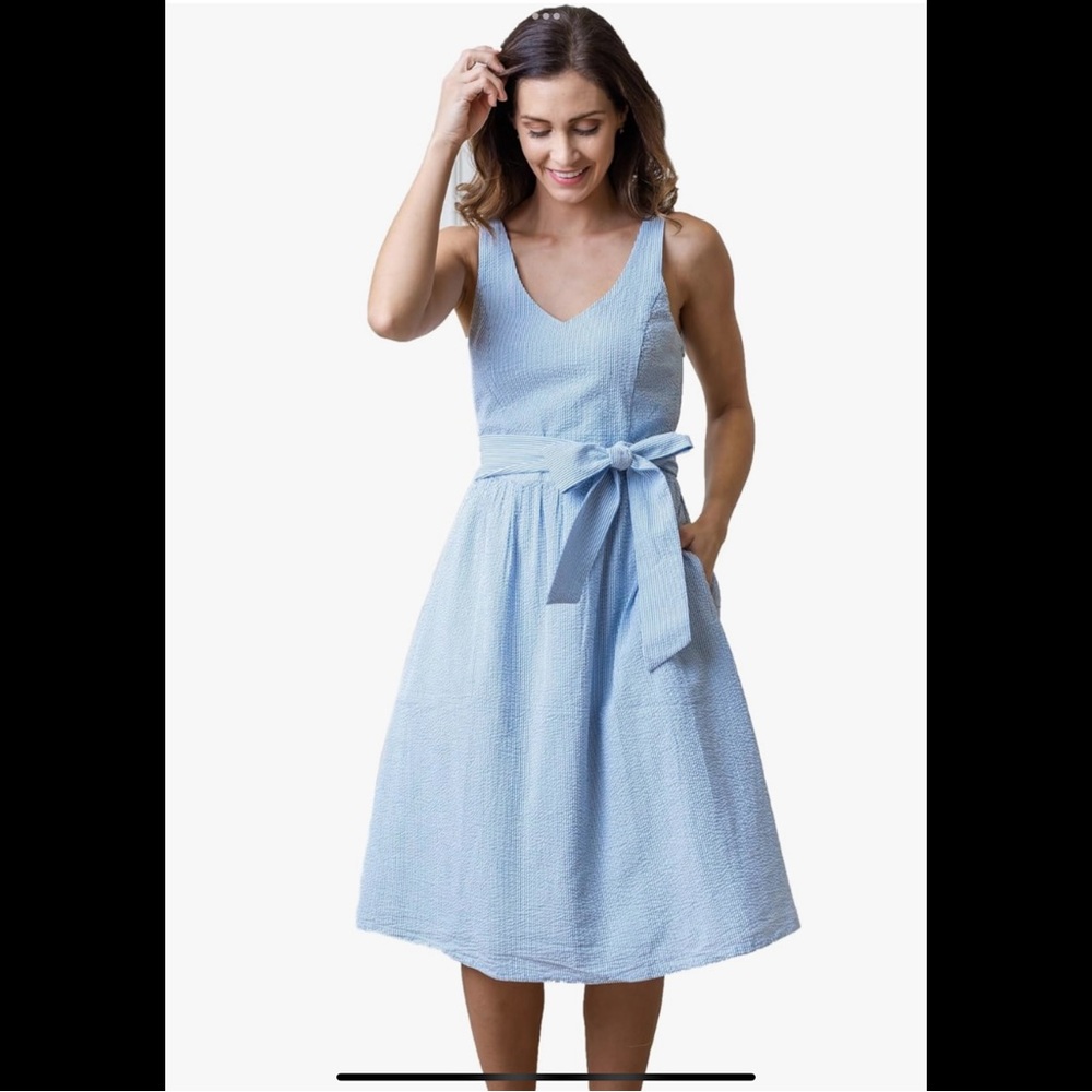 Blue & White Seersucker Dress with Bow Detail